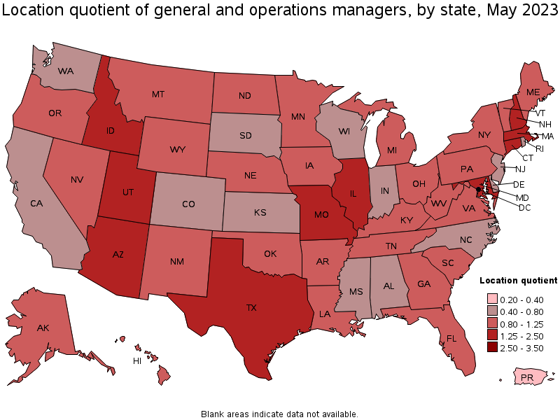 Map of location quotient of general and operations managers by state, May 2023