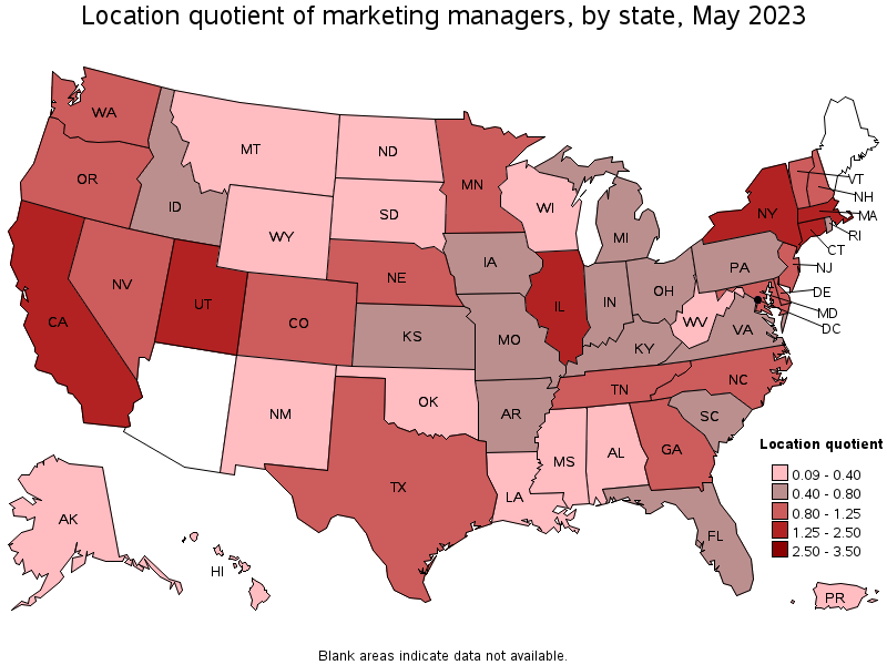 Map of location quotient of marketing managers by state, May 2023