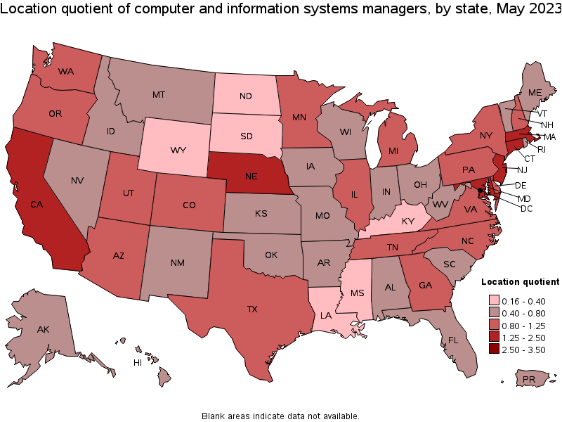 Map of location quotient of computer and information systems managers by state, May 2023