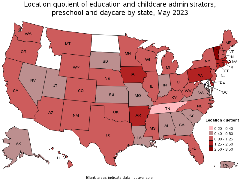 Map of location quotient of education and childcare administrators, preschool and daycare by state, May 2023
