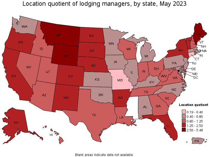 Map of location quotient of lodging managers by state, May 2023