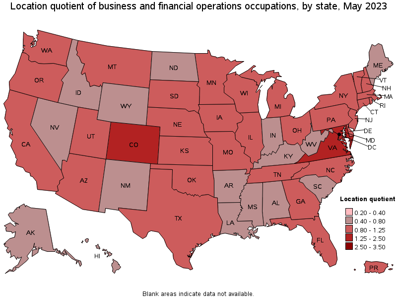 Map of location quotient of business and financial operations occupations by state, May 2023