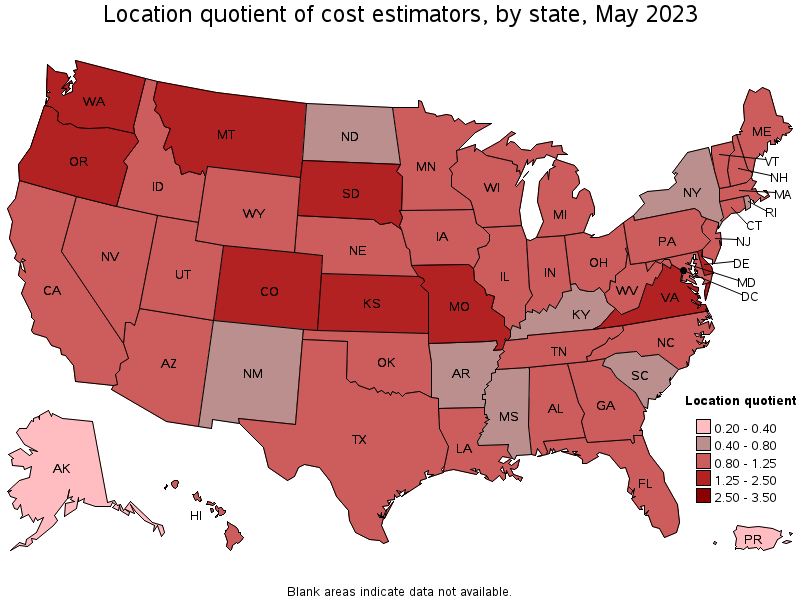 Map of location quotient of cost estimators by state, May 2023