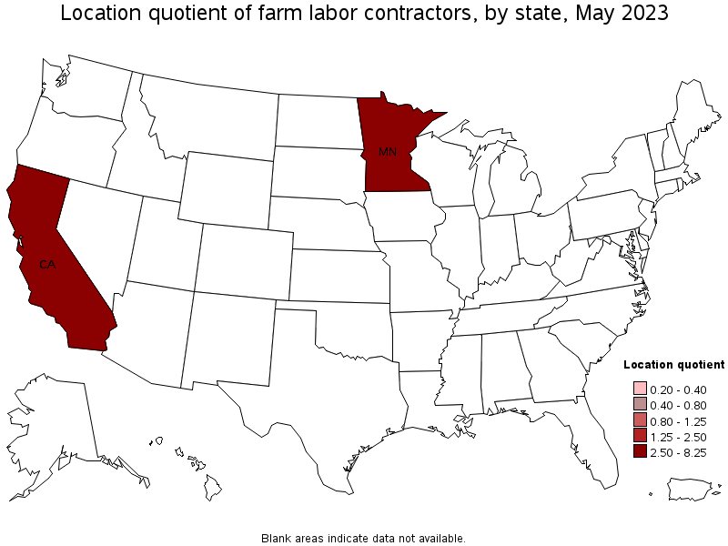 Map of location quotient of farm labor contractors by state, May 2023