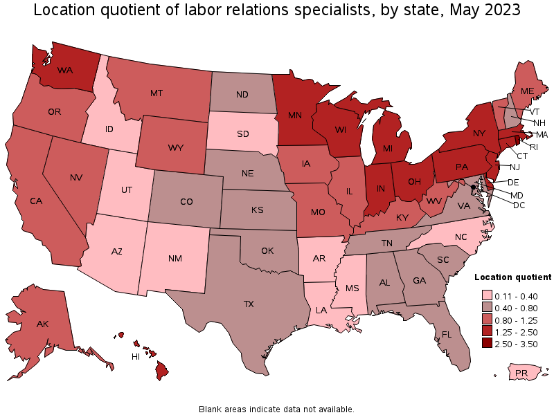 Map of location quotient of labor relations specialists by state, May 2023