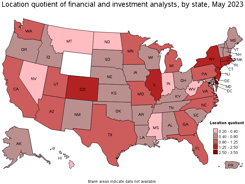 Map of location quotient of financial and investment analysts by state, May 2023