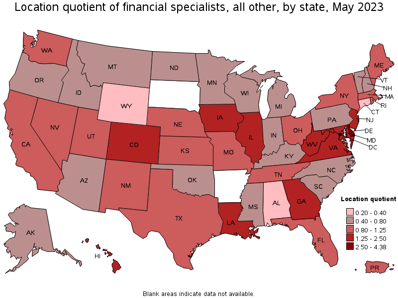 Map of location quotient of financial specialists, all other by state, May 2023