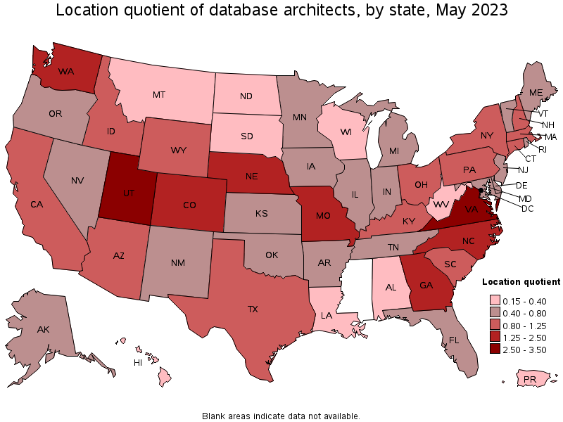 Map of location quotient of database architects by state, May 2023