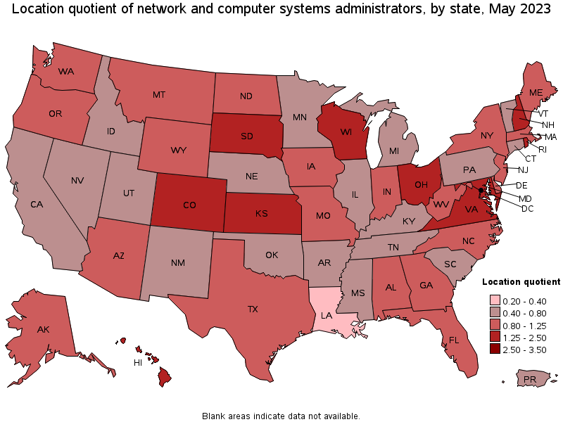 Map of location quotient of network and computer systems administrators by state, May 2023