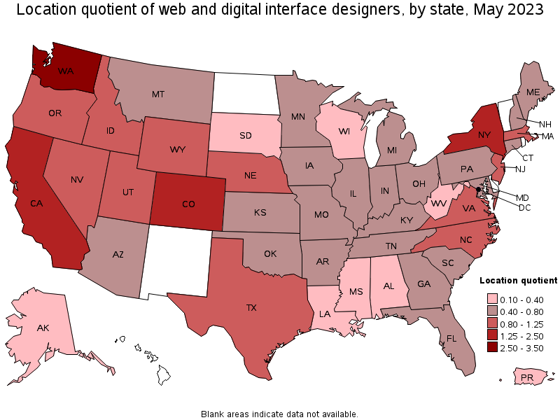 Map of location quotient of web and digital interface designers by state, May 2023