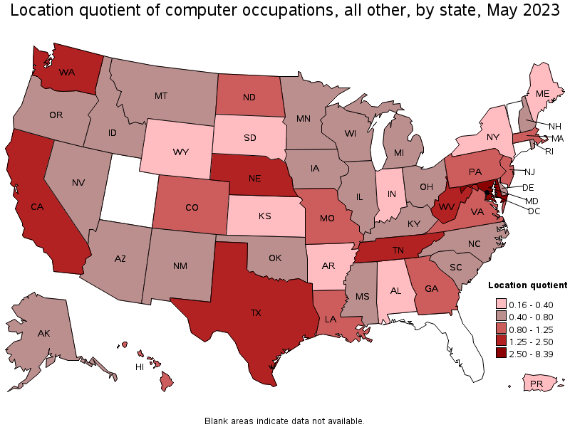 Map of location quotient of computer occupations, all other by state, May 2023