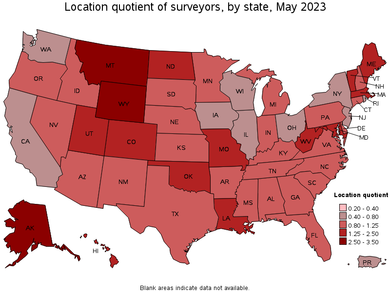 Map of location quotient of surveyors by state, May 2023