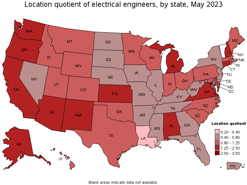 Map of location quotient of electrical engineers by state, May 2023