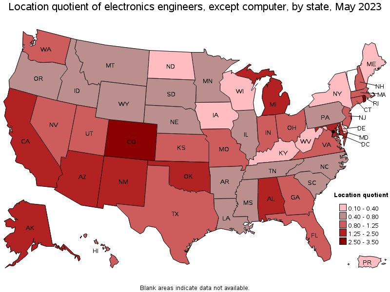 Map of location quotient of electronics engineers, except computer by state, May 2023