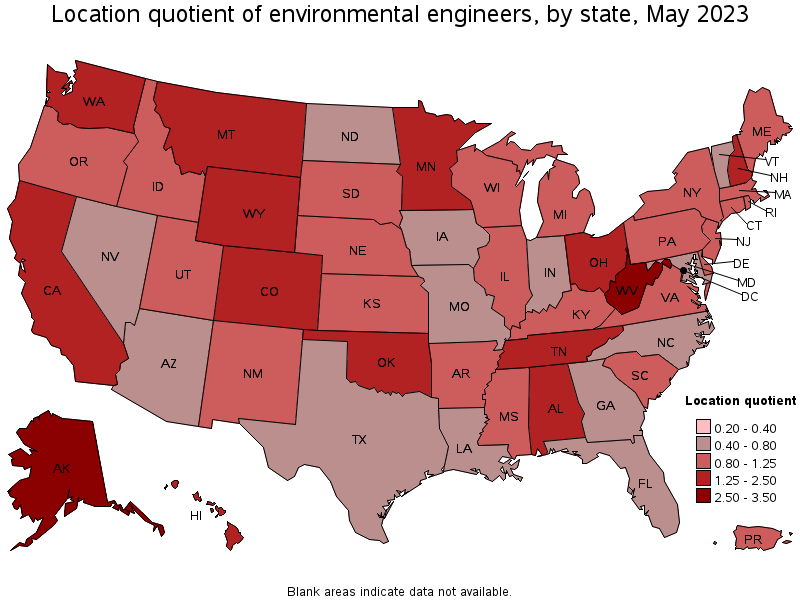 Map of location quotient of environmental engineers by state, May 2023