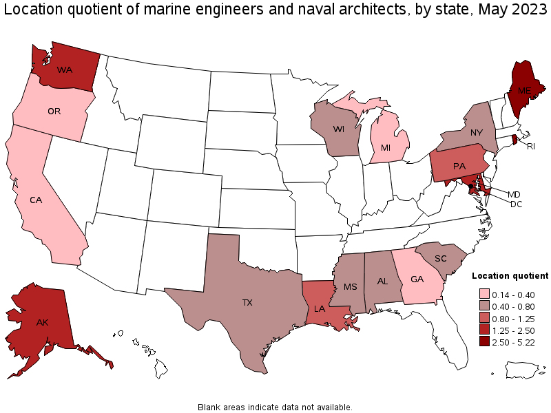 Map of location quotient of marine engineers and naval architects by state, May 2023