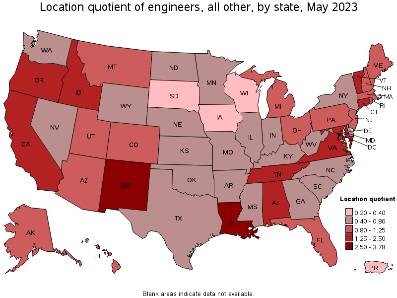 Map of location quotient of engineers, all other by state, May 2023