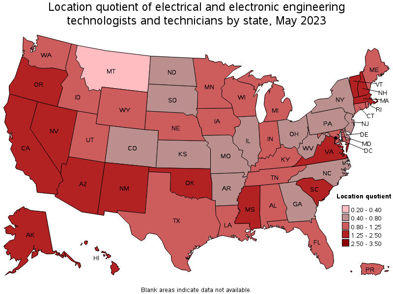 Map of location quotient of electrical and electronic engineering technologists and technicians by state, May 2023