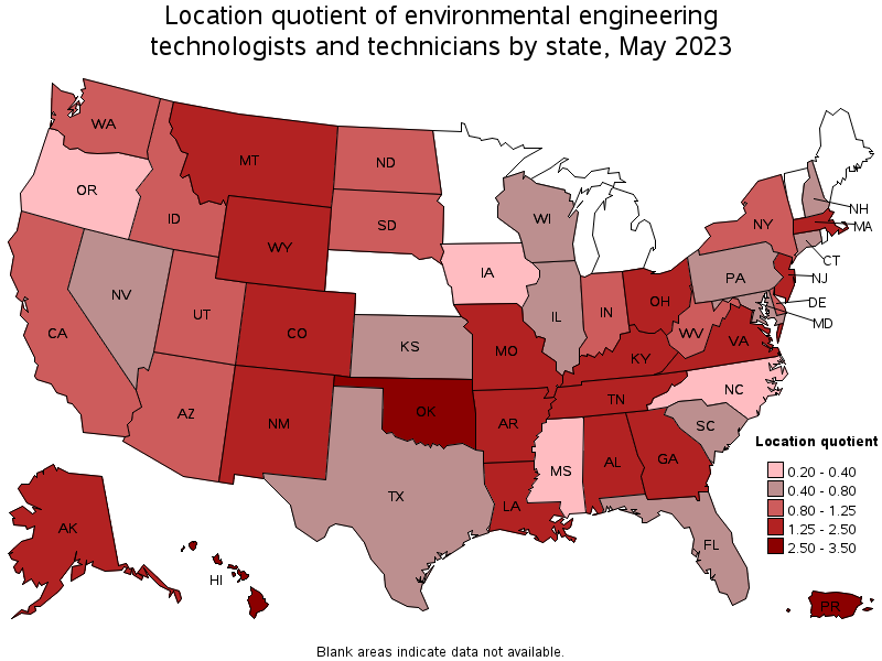 Map of location quotient of environmental engineering technologists and technicians by state, May 2023