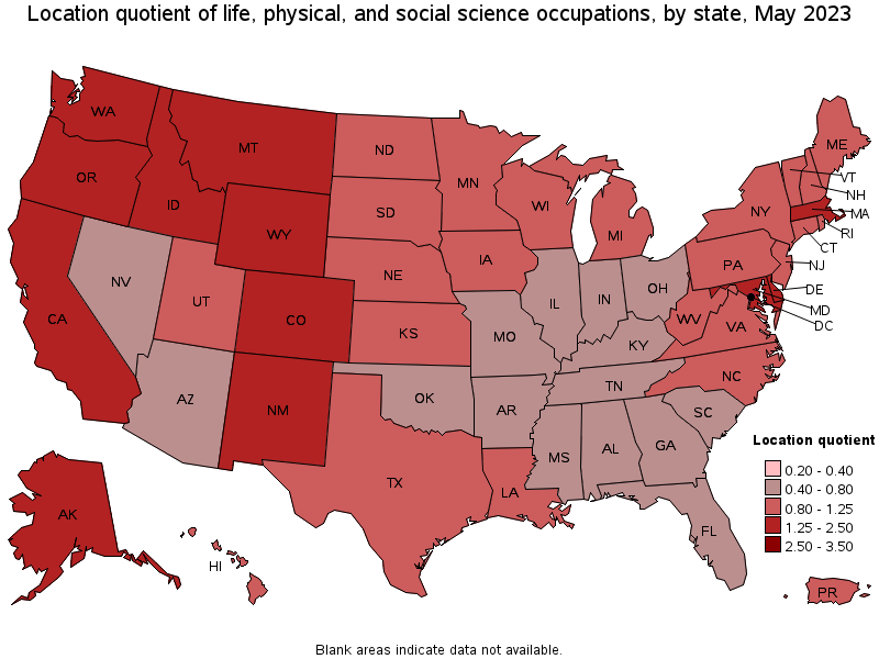 Map of location quotient of life, physical, and social science occupations by state, May 2023