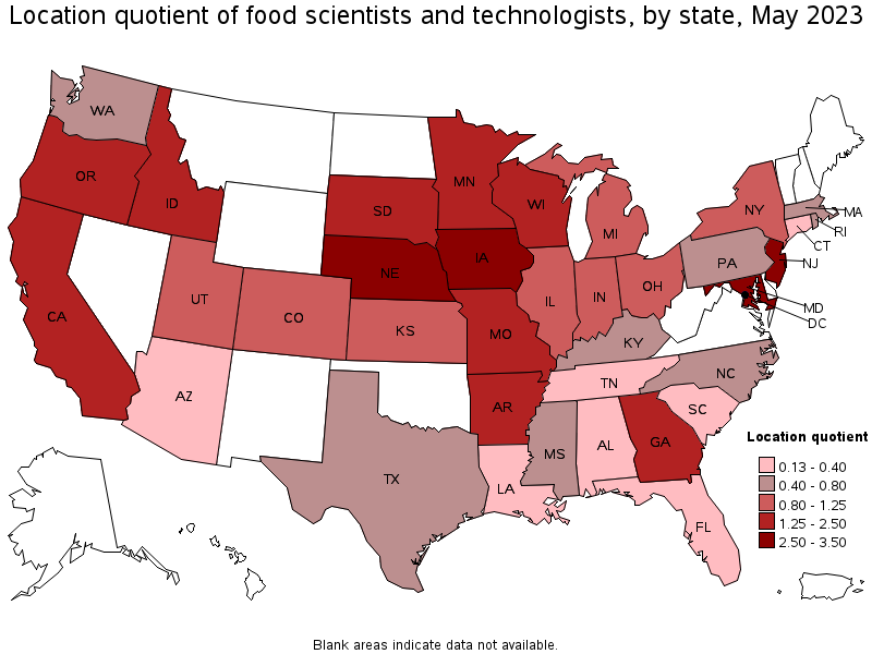 Map of location quotient of food scientists and technologists by state, May 2023