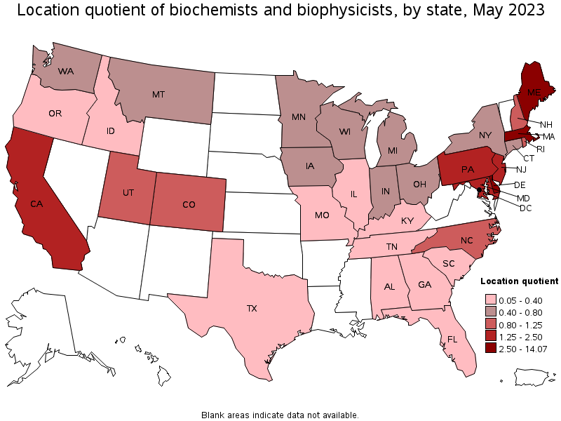 Map of location quotient of biochemists and biophysicists by state, May 2023