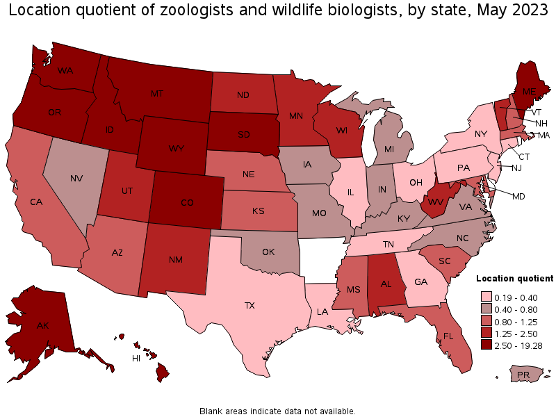 Map of location quotient of zoologists and wildlife biologists by state, May 2023