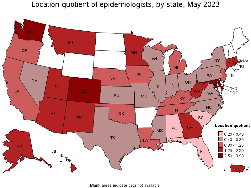 Map of location quotient of epidemiologists by state, May 2023