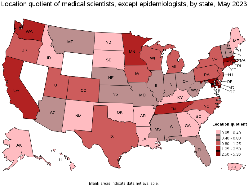 Map of location quotient of medical scientists, except epidemiologists by state, May 2023