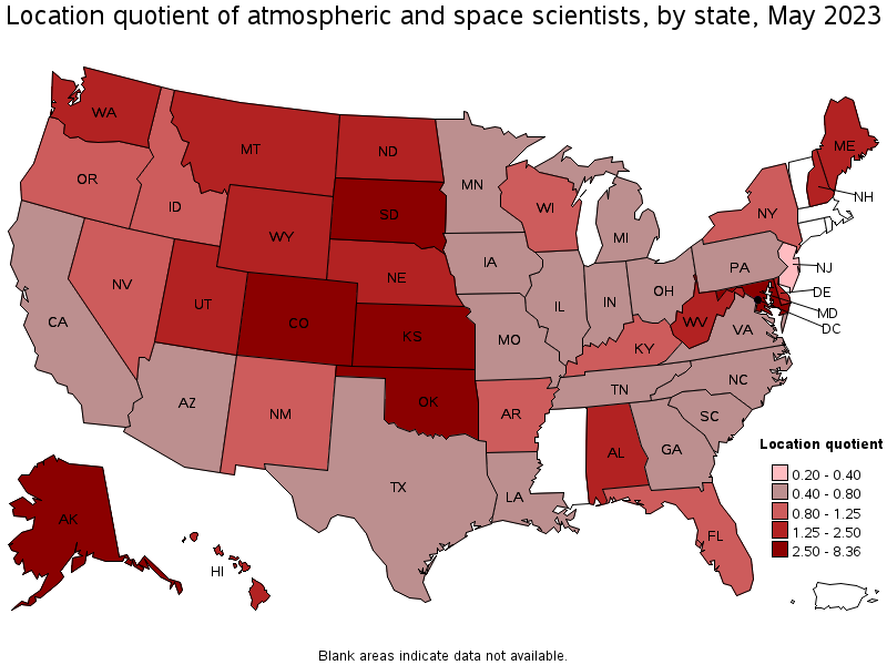 Map of location quotient of atmospheric and space scientists by state, May 2023