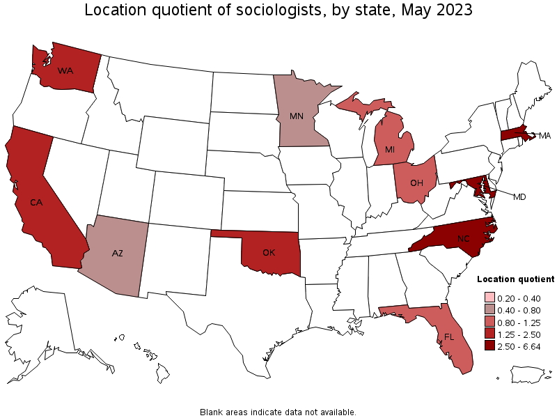 Map of location quotient of sociologists by state, May 2023