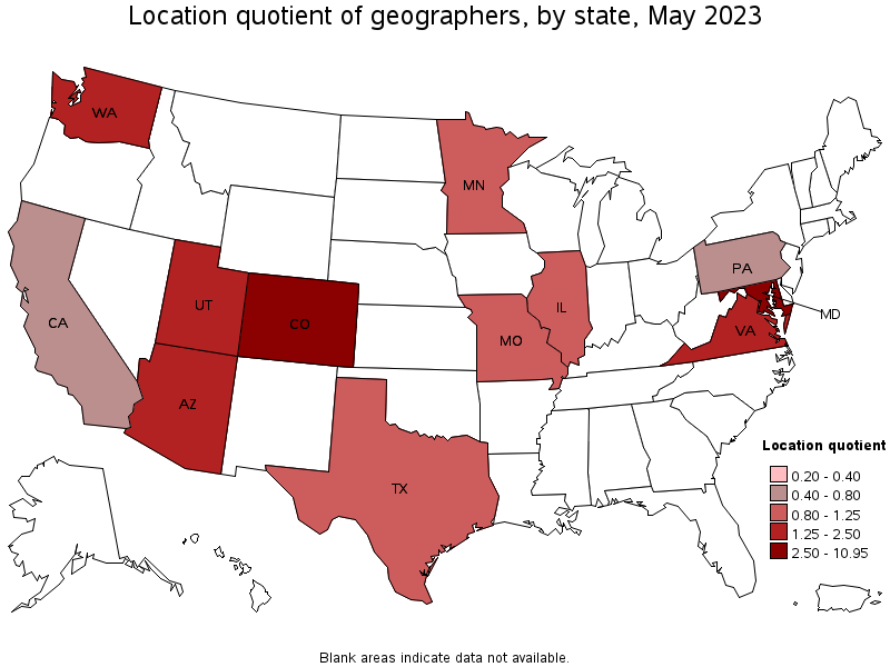 Map of location quotient of geographers by state, May 2023
