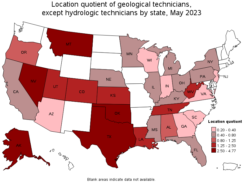 Map of location quotient of geological technicians, except hydrologic technicians by state, May 2023
