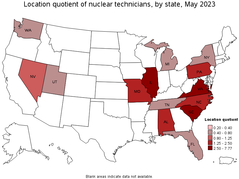 Map of location quotient of nuclear technicians by state, May 2023