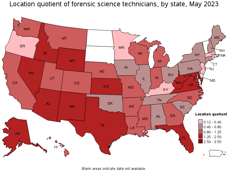 Map of location quotient of forensic science technicians by state, May 2023