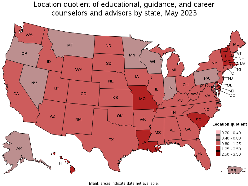 Map of location quotient of educational, guidance, and career counselors and advisors by state, May 2023