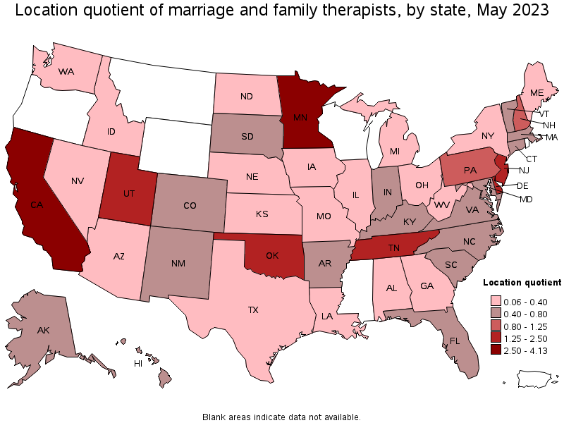 Map of location quotient of marriage and family therapists by state, May 2023