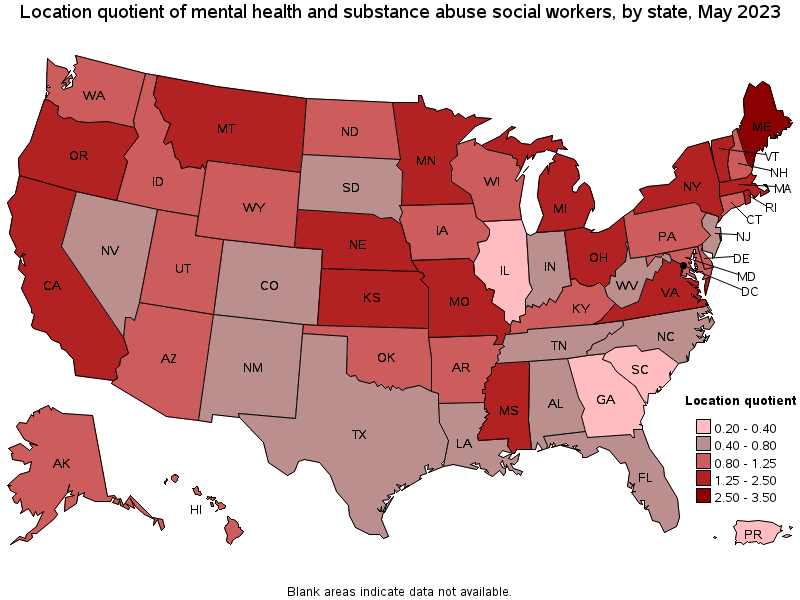 Map of location quotient of mental health and substance abuse social workers by state, May 2023
