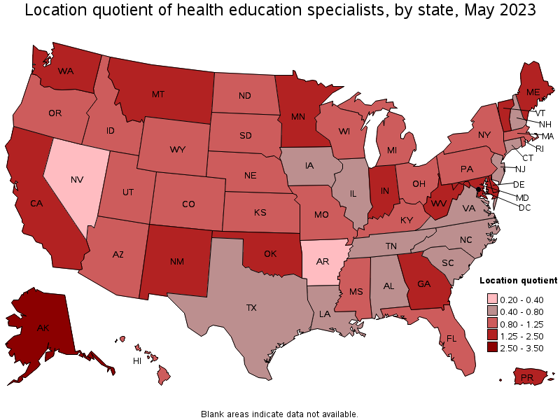 Map of location quotient of health education specialists by state, May 2023