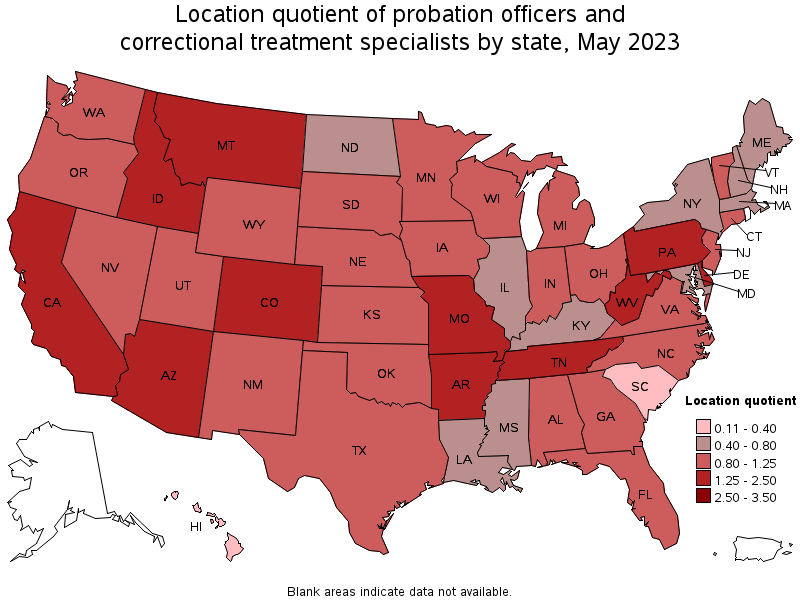 Map of location quotient of probation officers and correctional treatment specialists by state, May 2023