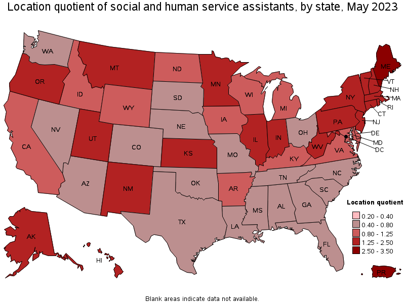 Map of location quotient of social and human service assistants by state, May 2023