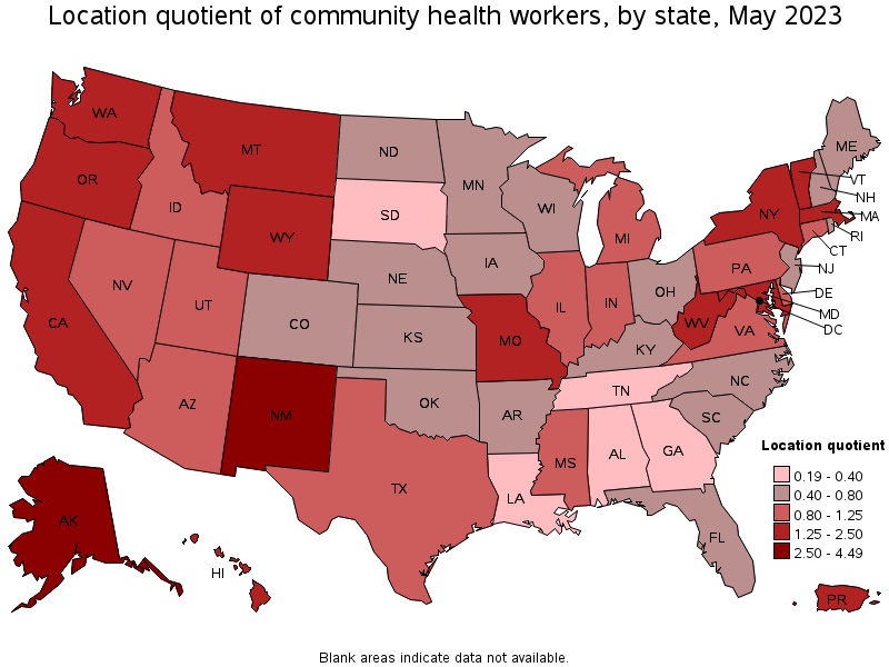 Map of location quotient of community health workers by state, May 2023