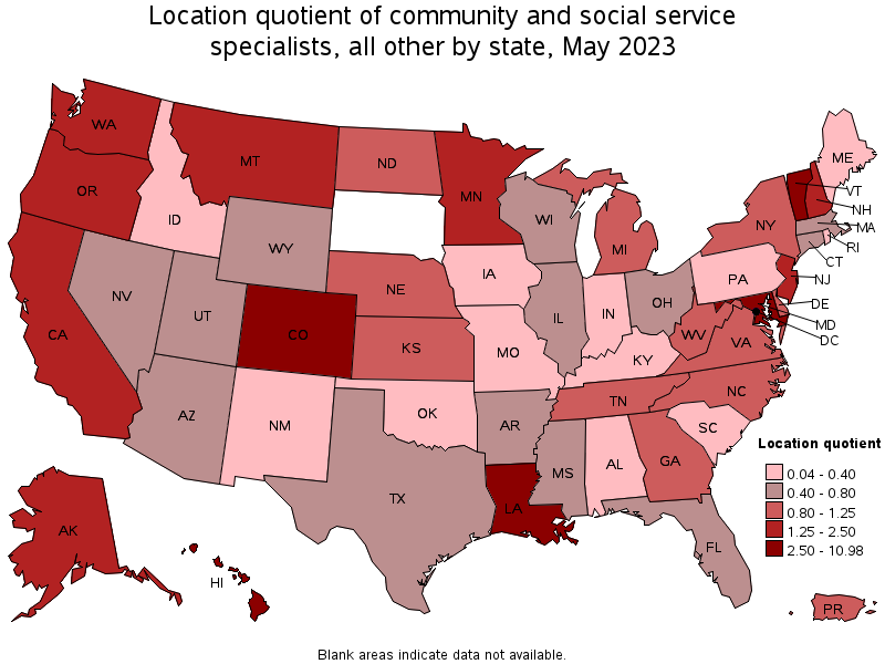Map of location quotient of community and social service specialists, all other by state, May 2023