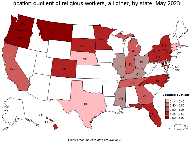 Map of location quotient of religious workers, all other by state, May 2023