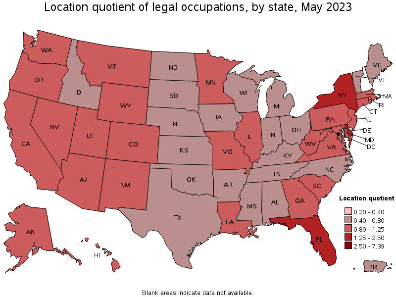 Map of location quotient of legal occupations by state, May 2023