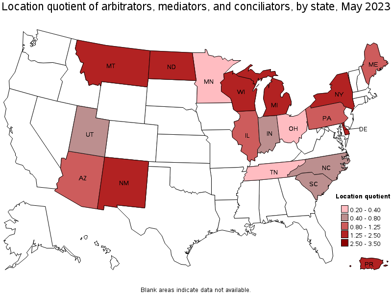 Map of location quotient of arbitrators, mediators, and conciliators by state, May 2023