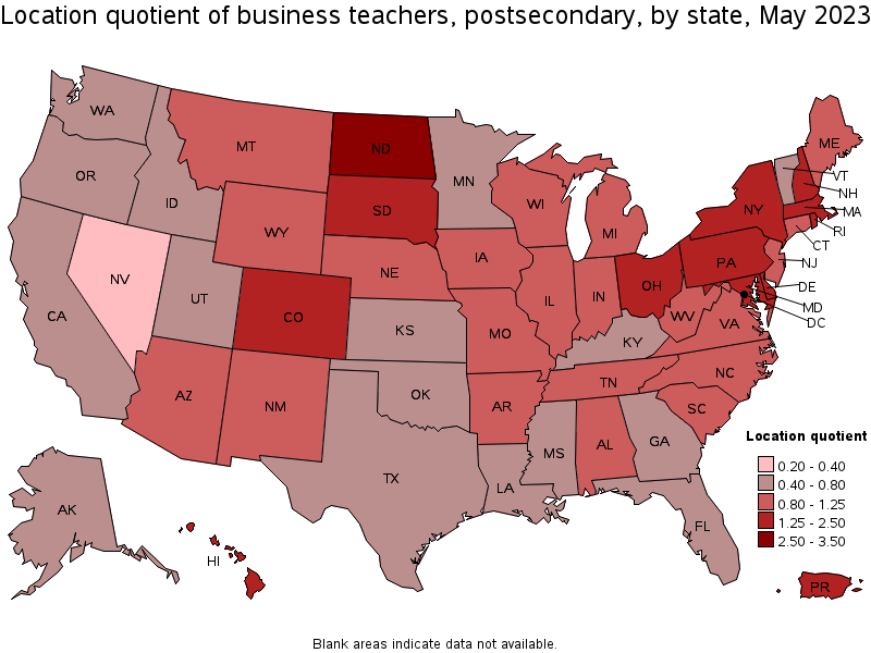 Map of location quotient of business teachers, postsecondary by state, May 2023