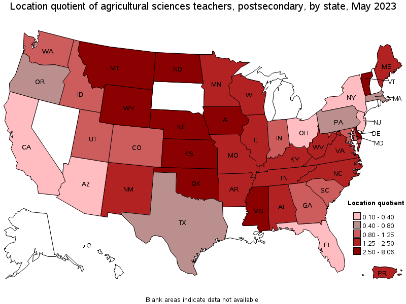 Map of location quotient of agricultural sciences teachers, postsecondary by state, May 2023