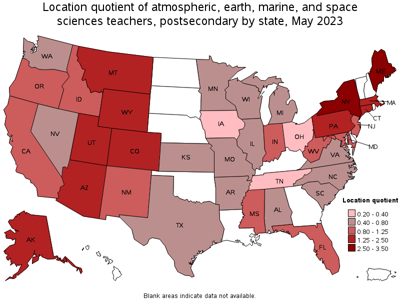 Map of location quotient of atmospheric, earth, marine, and space sciences teachers, postsecondary by state, May 2023