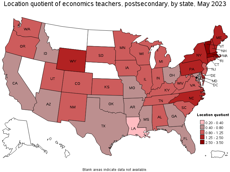 Map of location quotient of economics teachers, postsecondary by state, May 2023